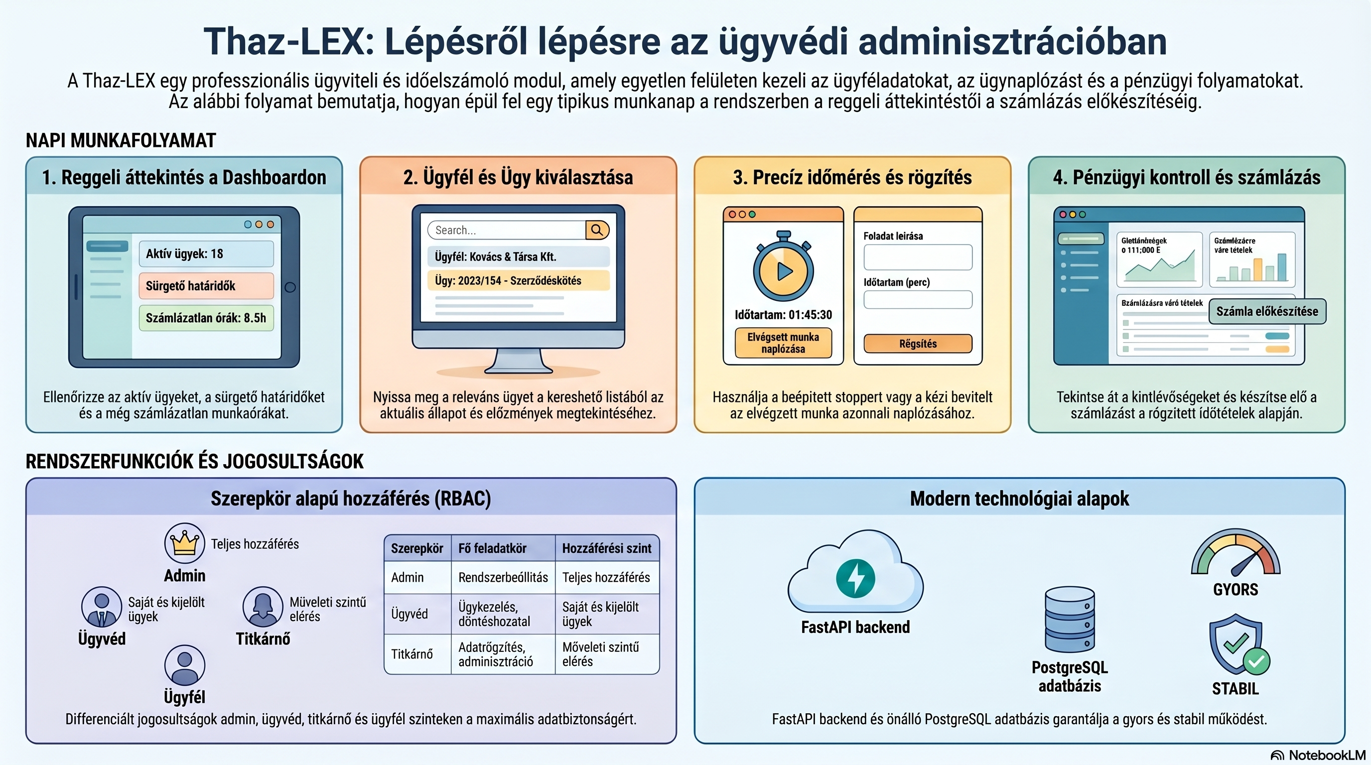 Thaz-LEX workflow infografika ügyfél, ügy, idő, számla, letét és könyvelés kapcsolatáról